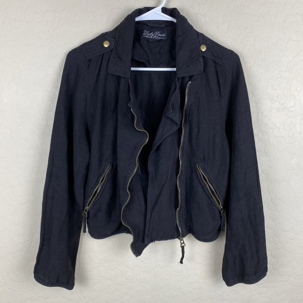 Lucky Brand Womens Linen Blend Moto Biker Jacket Black Sz S Grunge Streetwear - Picture 2 of 11